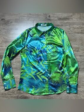 Miss Sixty Green and Teal Tropical Satin Button-Front Blouse